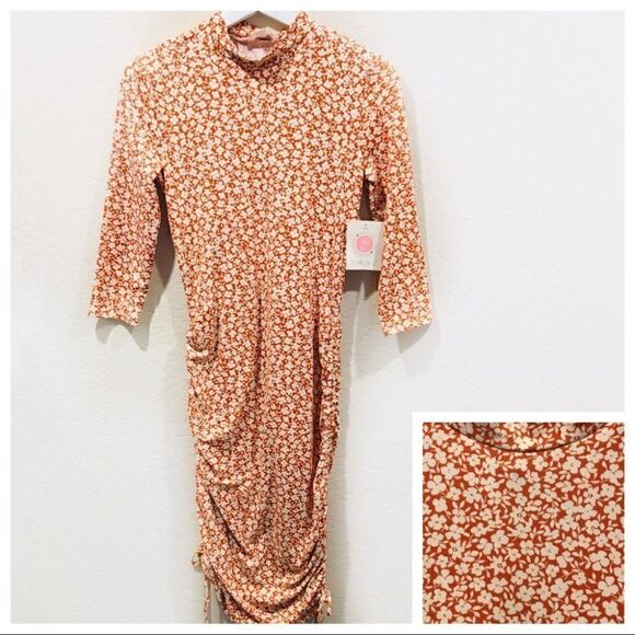 Timing Dresses & Skirts - Flower Power Red Orange Floral Midi Rouched Dress